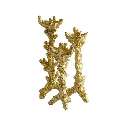 Coral Candle Holder Gold S/3